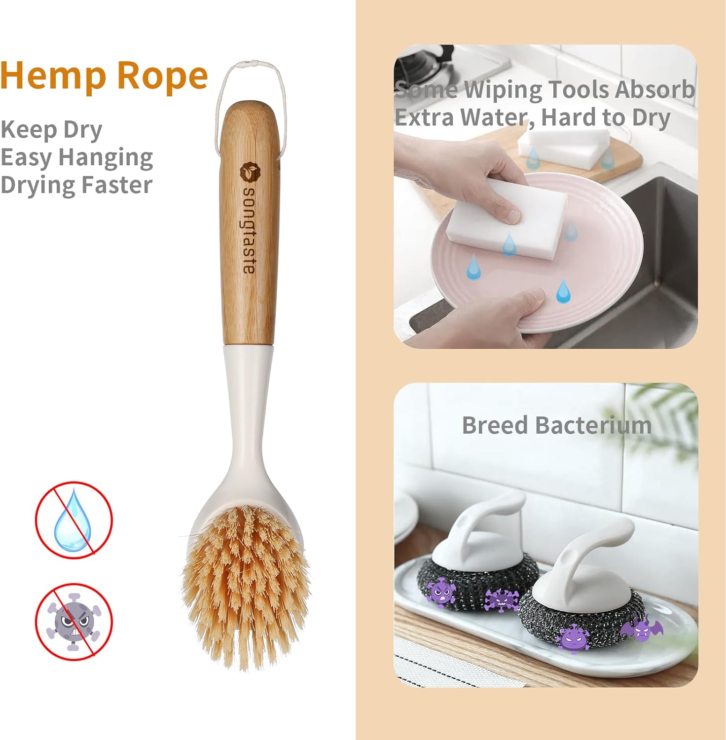 2 Pack Kitchen Dish Brush with - Dish Brush Bamboo avis et prix